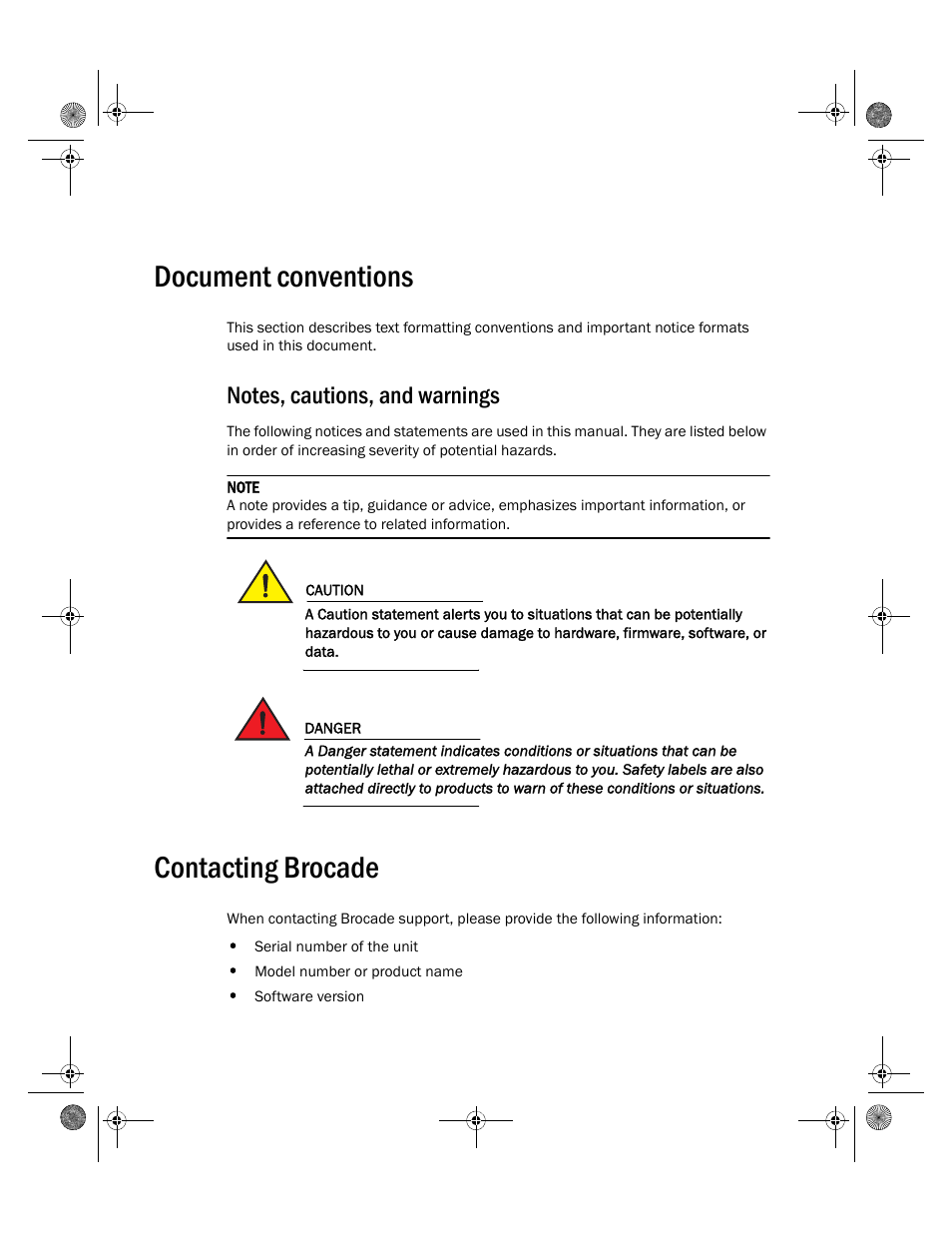 Document conventions, Contacting brocade | Brocade Mobility RFS4000 Controller Installation Guide (Supporting software release 4.3.0.0 and later) User Manual | Page 8 / 42