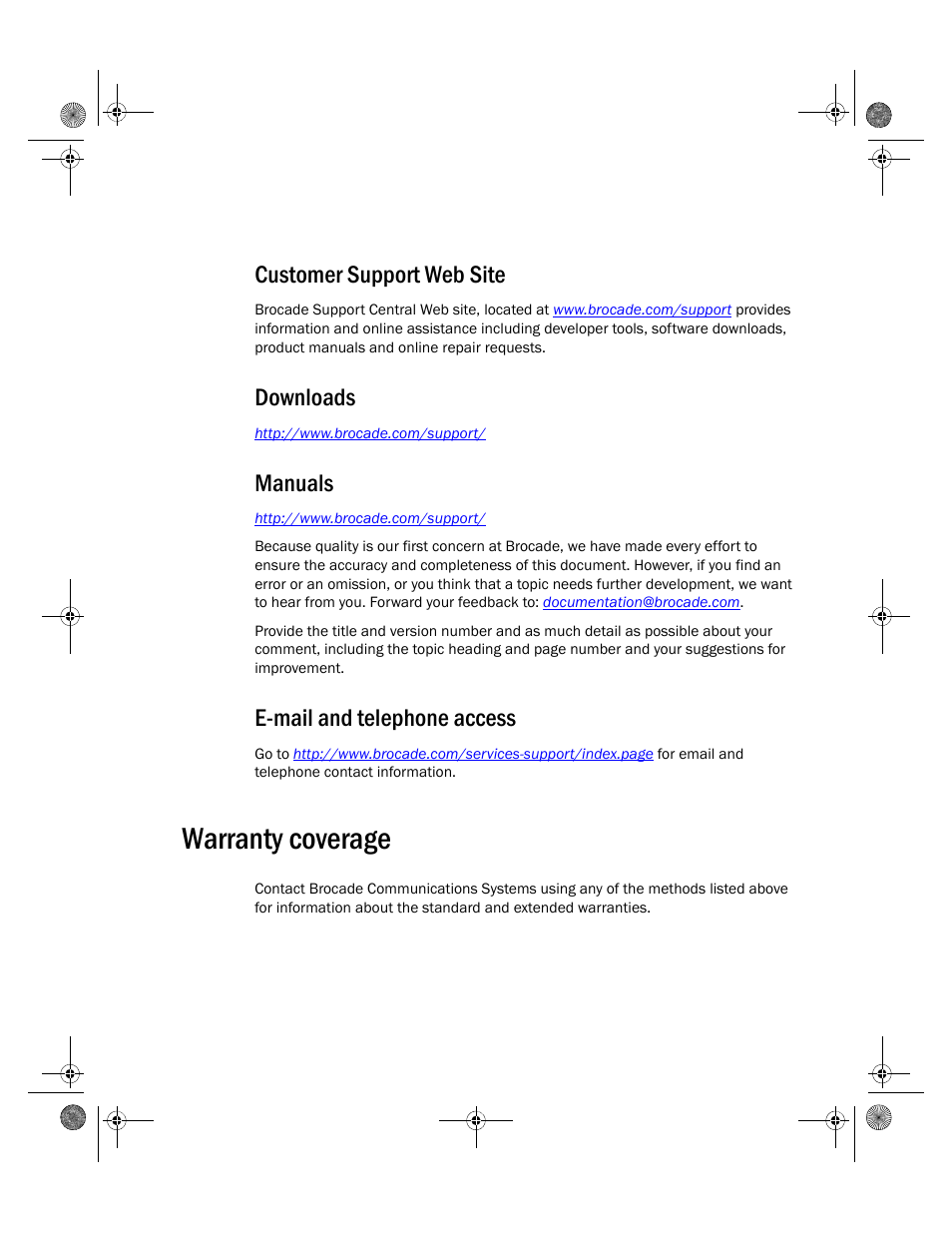 Warranty coverage, Customer support web site, Downloads | Manuals, E-mail and telephone access | Brocade Mobility RFS4000 Controller Installation Guide (Supporting software release 4.3.0.0 and later) User Manual | Page 9 / 42