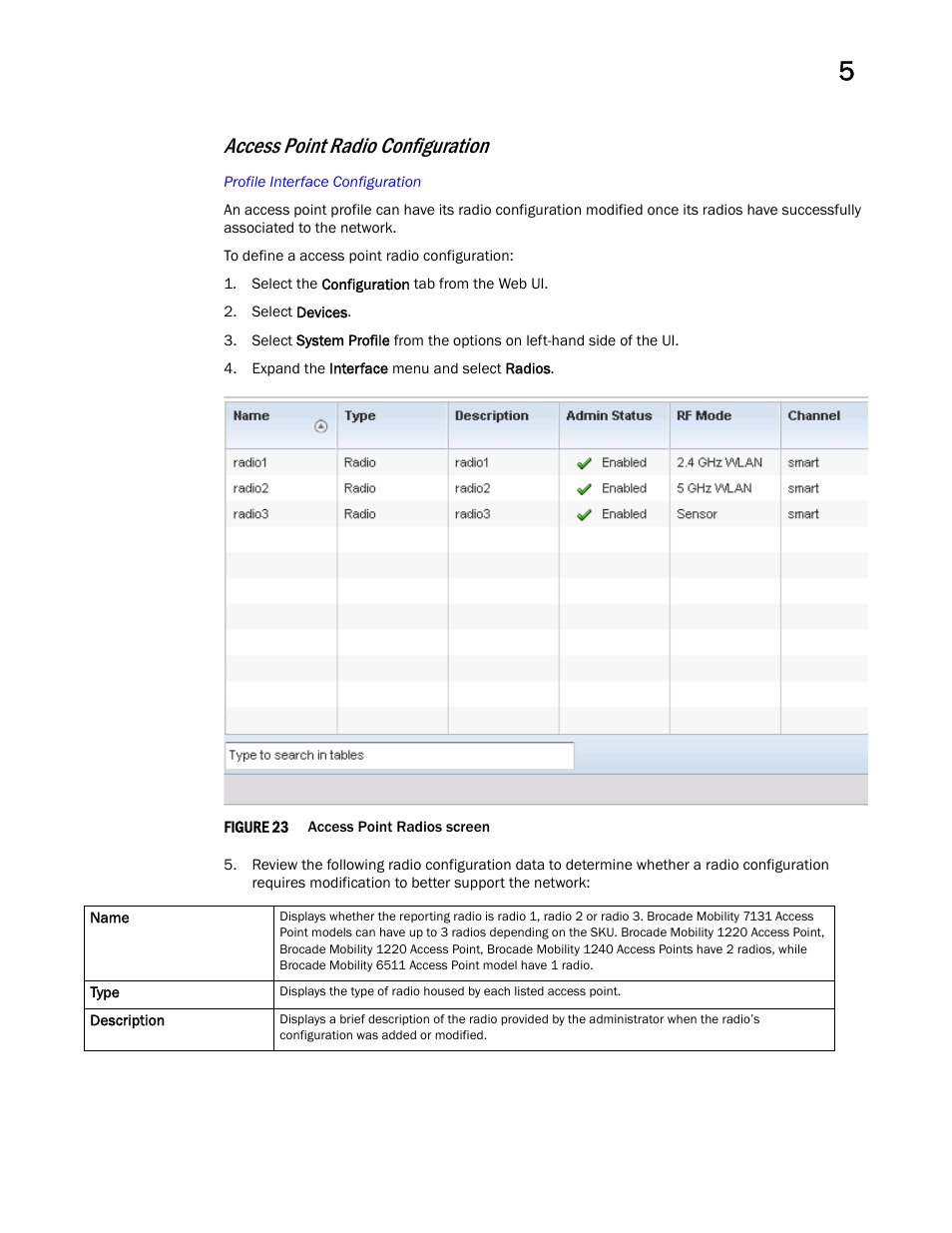 Access point radio configuration | Brocade Mobility Access Point System Reference Guide (Supporting software release 5.5.0.0 and later) User Manual | Page 105 / 854