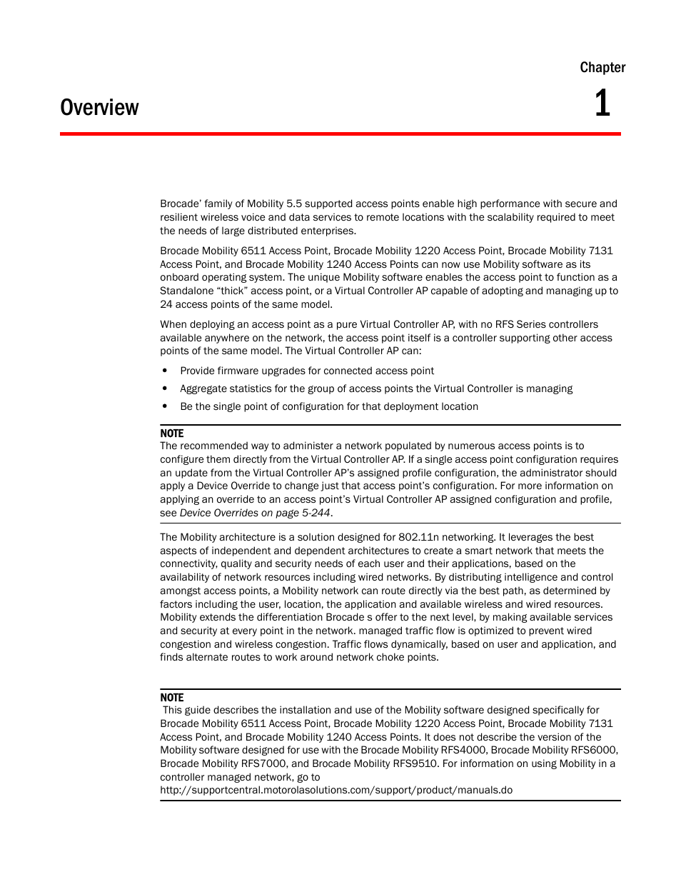 Overview, Chapter 1 | Brocade Mobility Access Point System Reference Guide (Supporting software release 5.5.0.0 and later) User Manual | Page 11 / 854