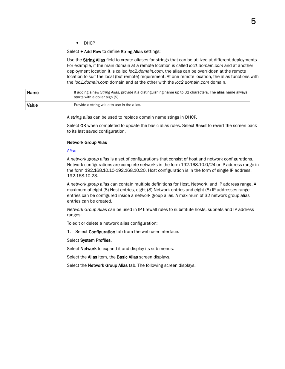 Network group alias | Brocade Mobility Access Point System Reference Guide (Supporting software release 5.5.0.0 and later) User Manual | Page 161 / 854