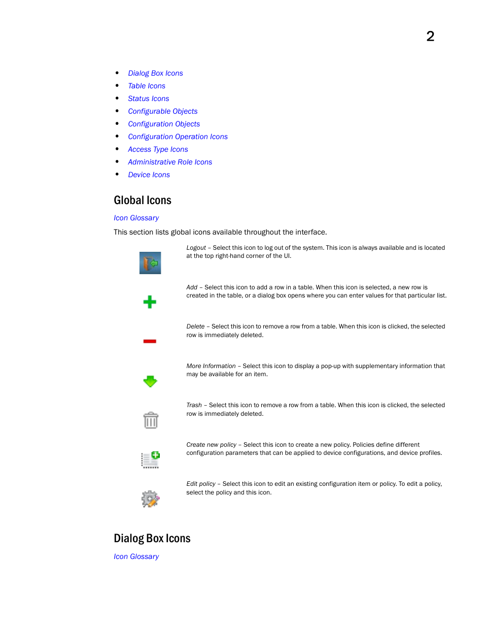 Global icons, Dialog box icons, Global icons dialog box icons | Brocade Mobility Access Point System Reference Guide (Supporting software release 5.5.0.0 and later) User Manual | Page 17 / 854