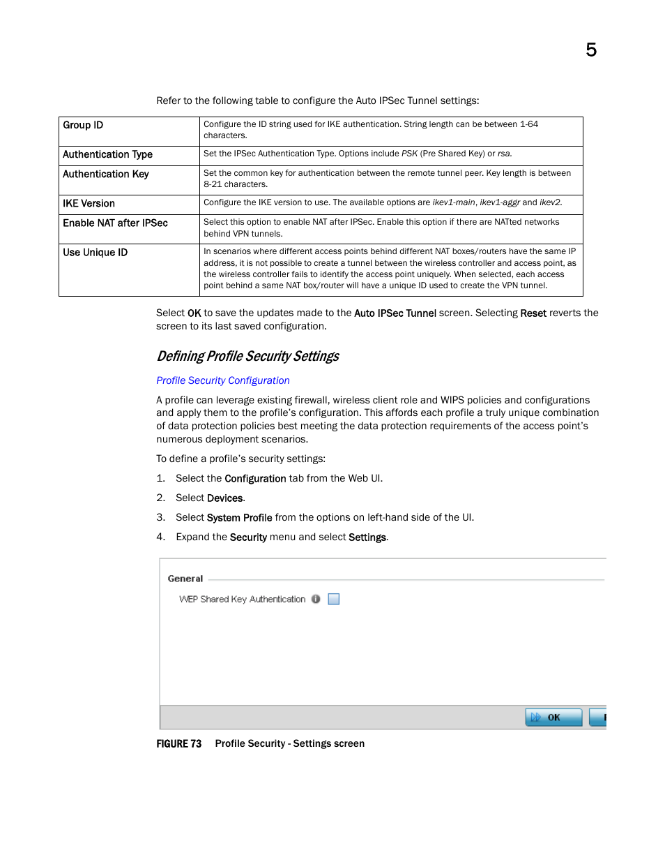 Defining profile security settings | Brocade Mobility Access Point System Reference Guide (Supporting software release 5.5.0.0 and later) User Manual | Page 183 / 854