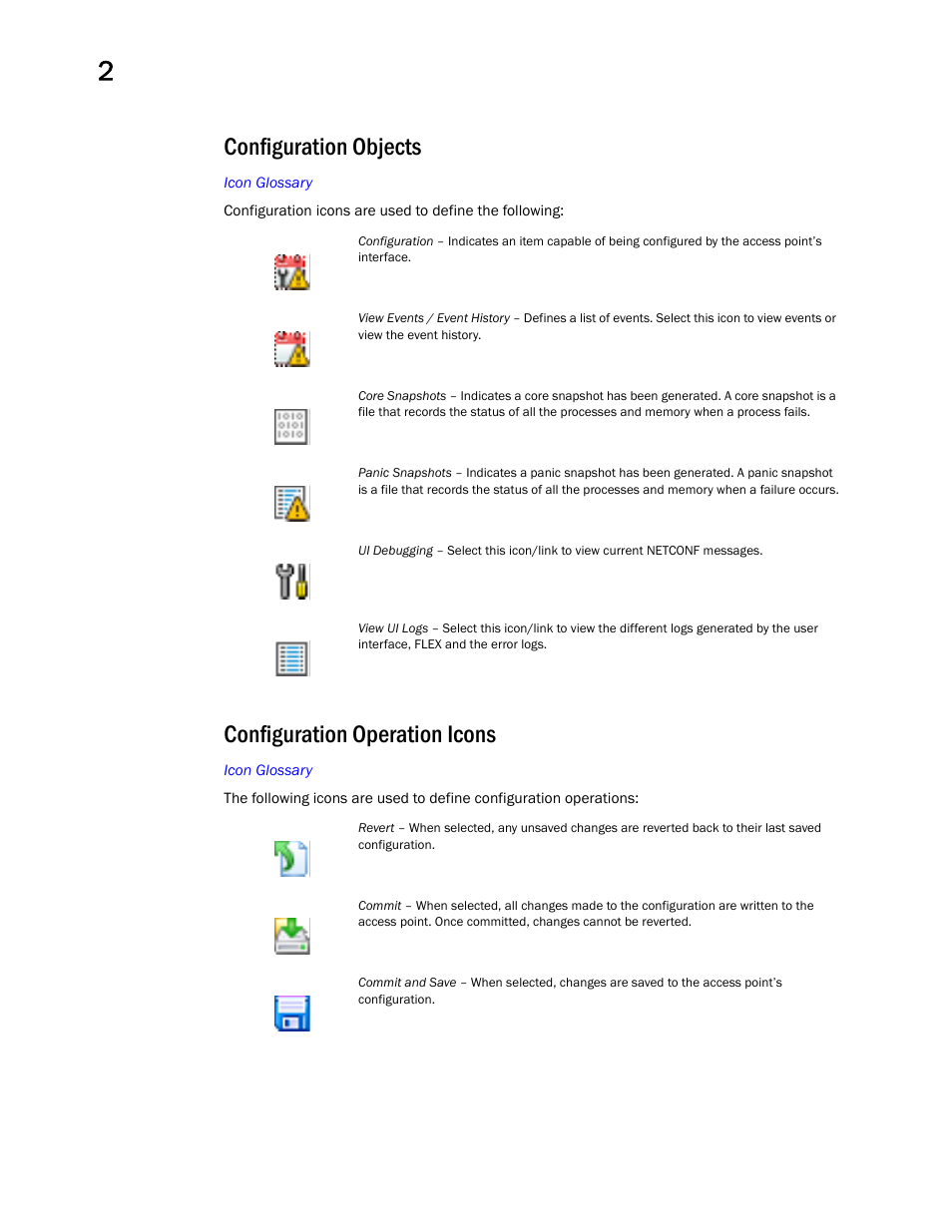 Configuration objects, Configuration operation icons | Brocade Mobility Access Point System Reference Guide (Supporting software release 5.5.0.0 and later) User Manual | Page 22 / 854