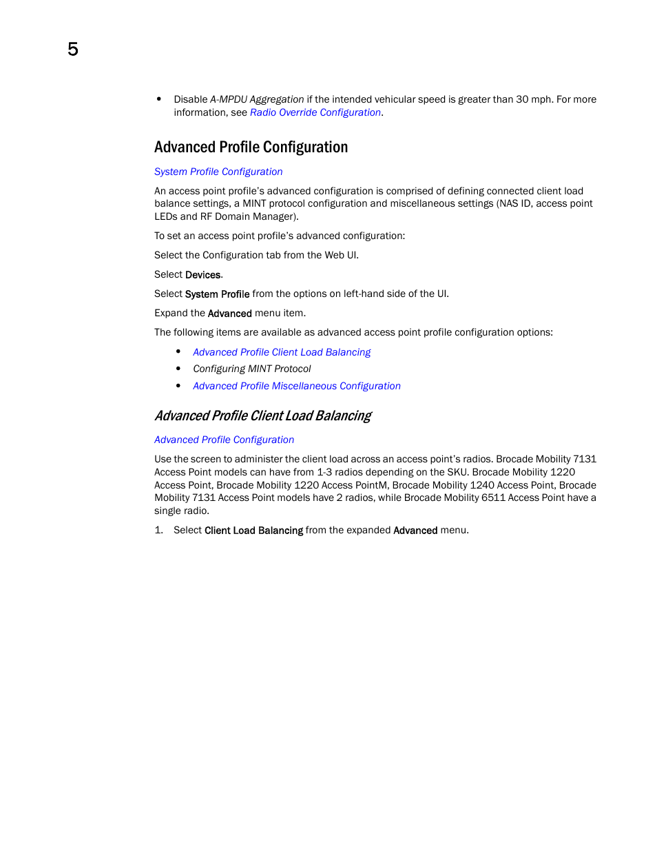 Advanced profile configuration, Advanced profile client load balancing | Brocade Mobility Access Point System Reference Guide (Supporting software release 5.5.0.0 and later) User Manual | Page 220 / 854