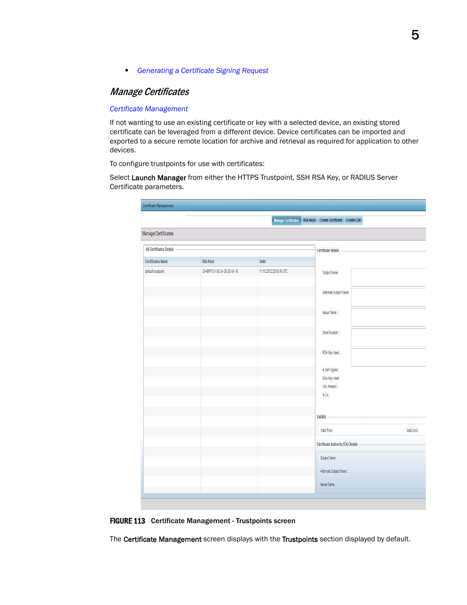 Manage certificates | Brocade Mobility Access Point System Reference Guide (Supporting software release 5.5.0.0 and later) User Manual | Page 239 / 854