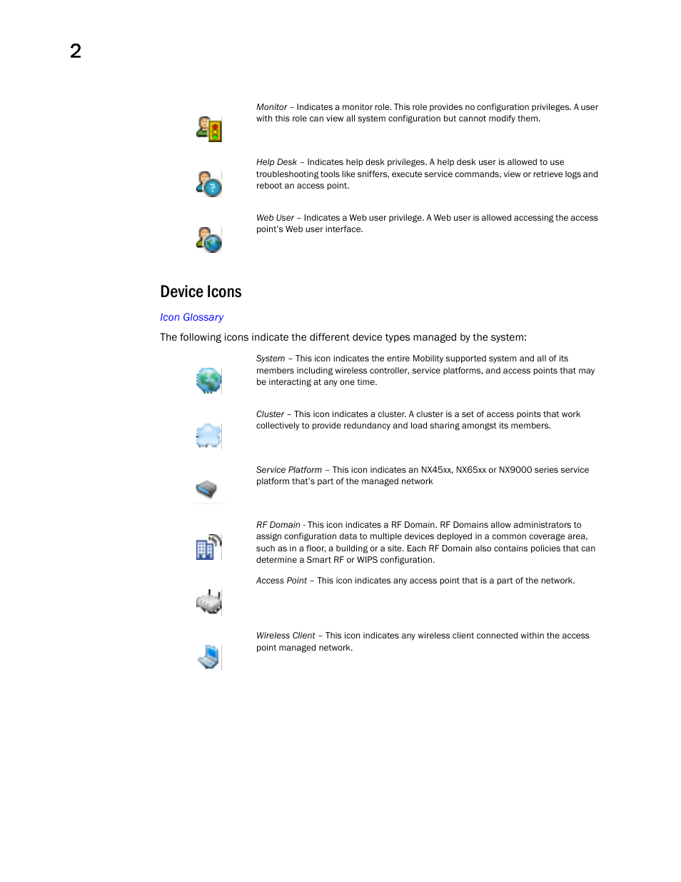 Device icons | Brocade Mobility Access Point System Reference Guide (Supporting software release 5.5.0.0 and later) User Manual | Page 24 / 854