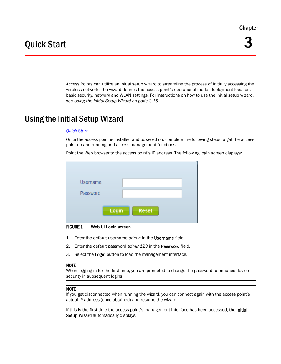 Quick start, Using the initial setup wizard, Chapter 3 | Using the initial | Brocade Mobility Access Point System Reference Guide (Supporting software release 5.5.0.0 and later) User Manual | Page 25 / 854