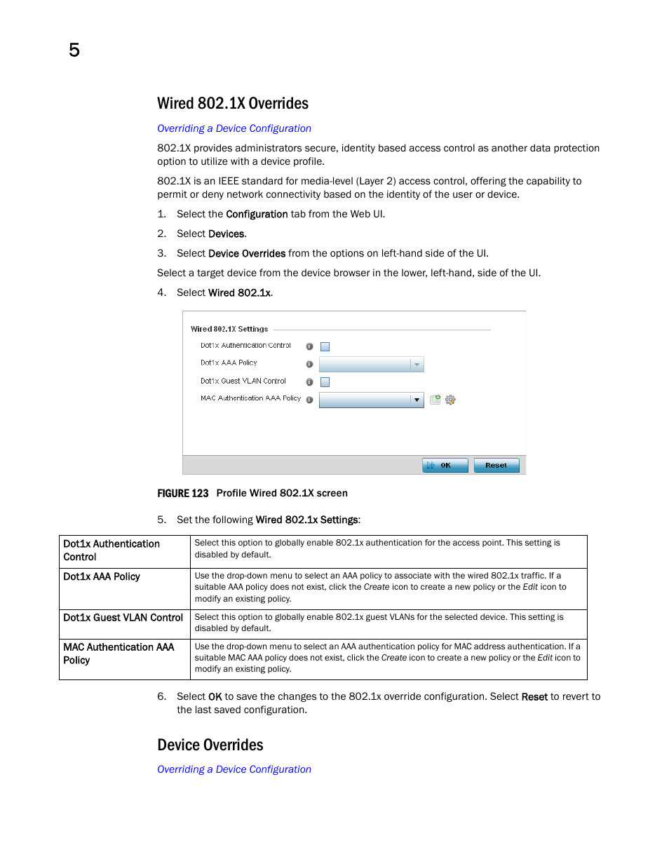 Wired 802.1x overrides, Device overrides | Brocade Mobility Access Point System Reference Guide (Supporting software release 5.5.0.0 and later) User Manual | Page 254 / 854