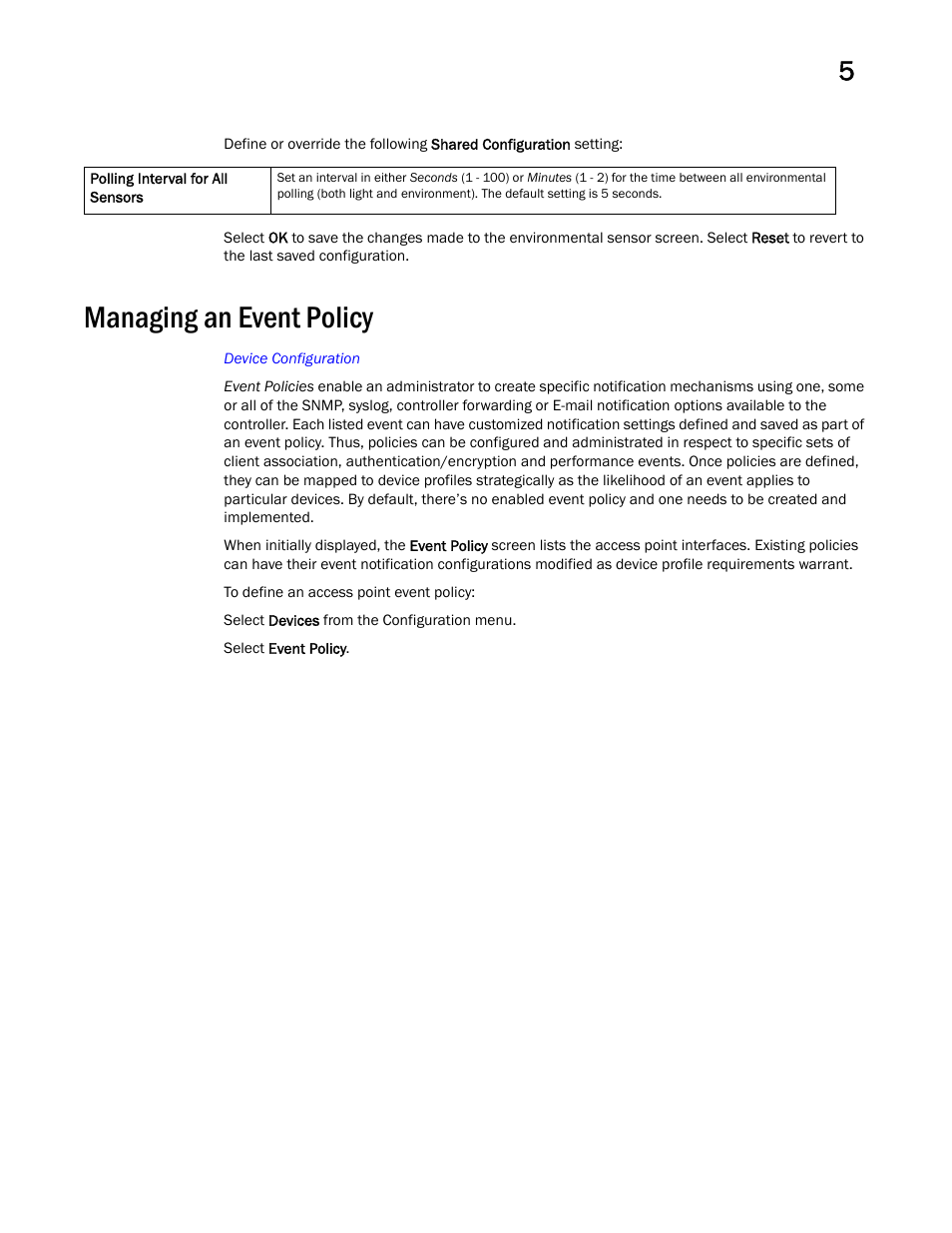 Managing an event policy | Brocade Mobility Access Point System Reference Guide (Supporting software release 5.5.0.0 and later) User Manual | Page 401 / 854