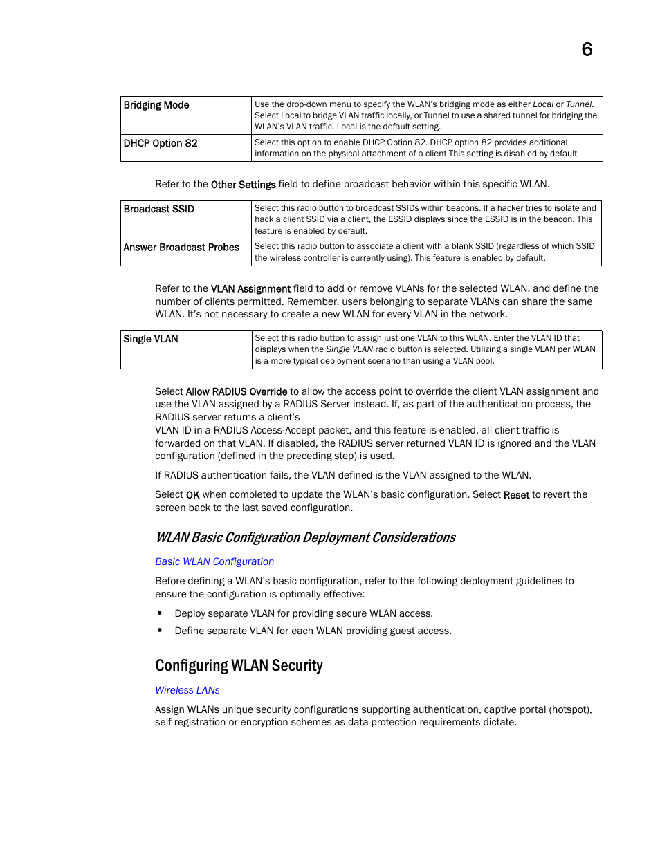 Configuring wlan security, Wlan basic configuration deployment considerations | Brocade Mobility Access Point System Reference Guide (Supporting software release 5.5.0.0 and later) User Manual | Page 407 / 854