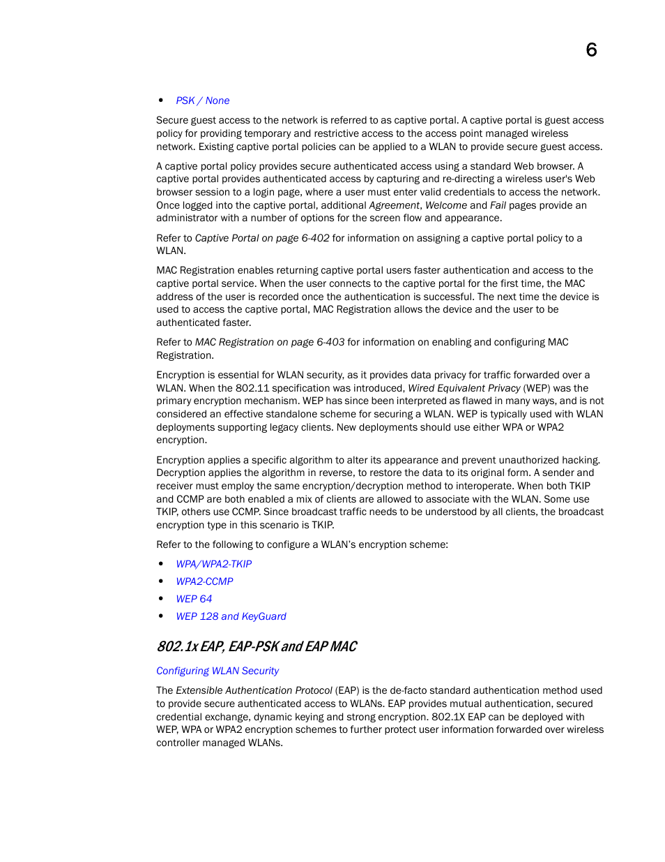 1x eap, eap-psk and eap mac | Brocade Mobility Access Point System Reference Guide (Supporting software release 5.5.0.0 and later) User Manual | Page 409 / 854