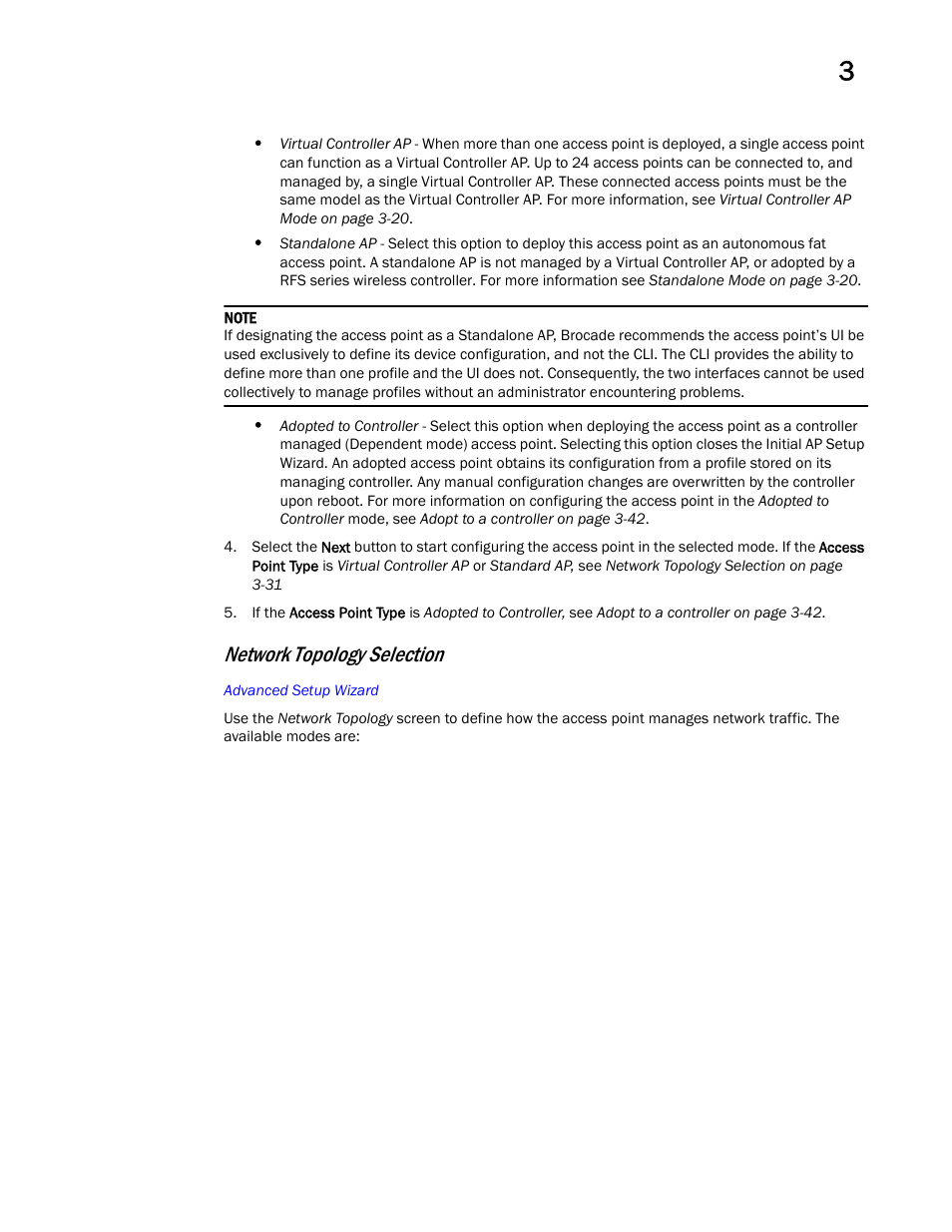 Network topology selection | Brocade Mobility Access Point System Reference Guide (Supporting software release 5.5.0.0 and later) User Manual | Page 41 / 854