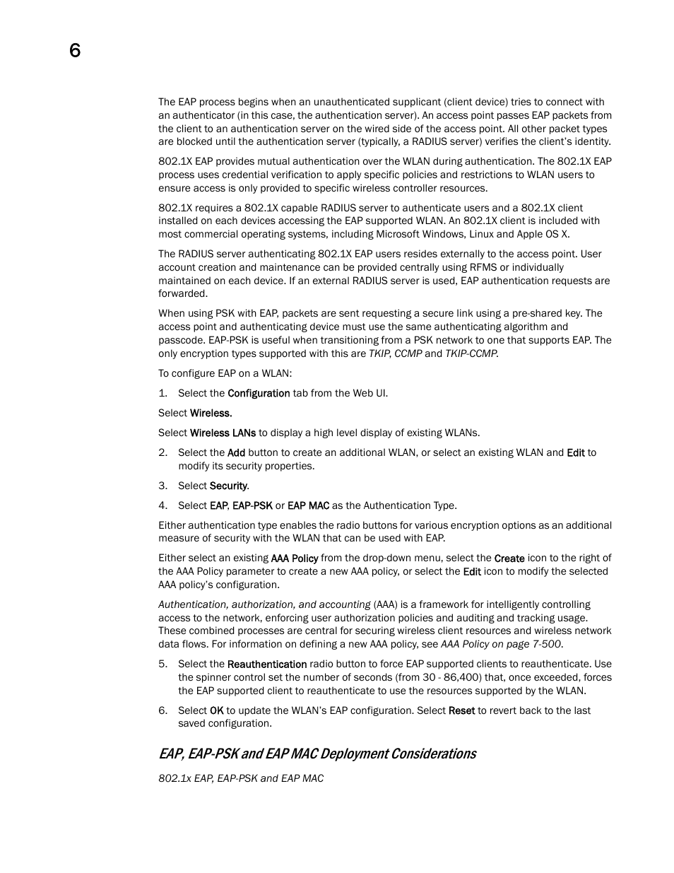 Eap, eap-psk and eap mac deployment considerations | Brocade Mobility Access Point System Reference Guide (Supporting software release 5.5.0.0 and later) User Manual | Page 410 / 854