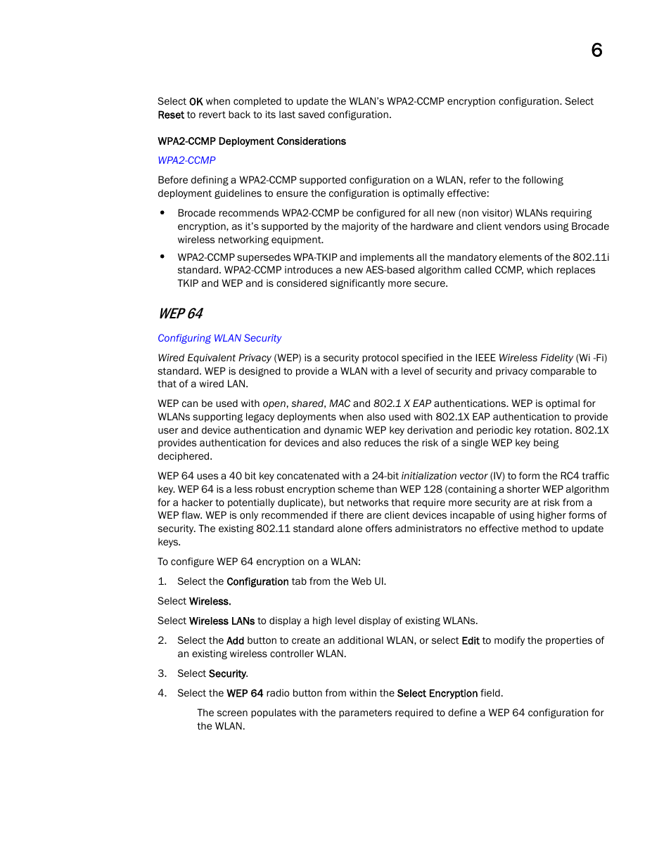 Wep 64 | Brocade Mobility Access Point System Reference Guide (Supporting software release 5.5.0.0 and later) User Manual | Page 421 / 854