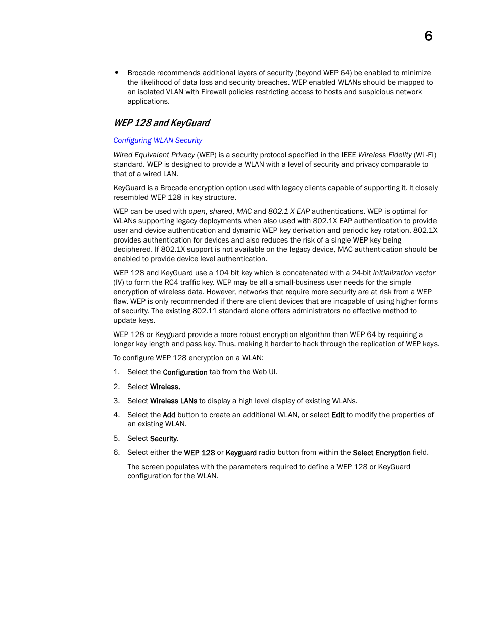 Wep 128 and keyguard | Brocade Mobility Access Point System Reference Guide (Supporting software release 5.5.0.0 and later) User Manual | Page 423 / 854