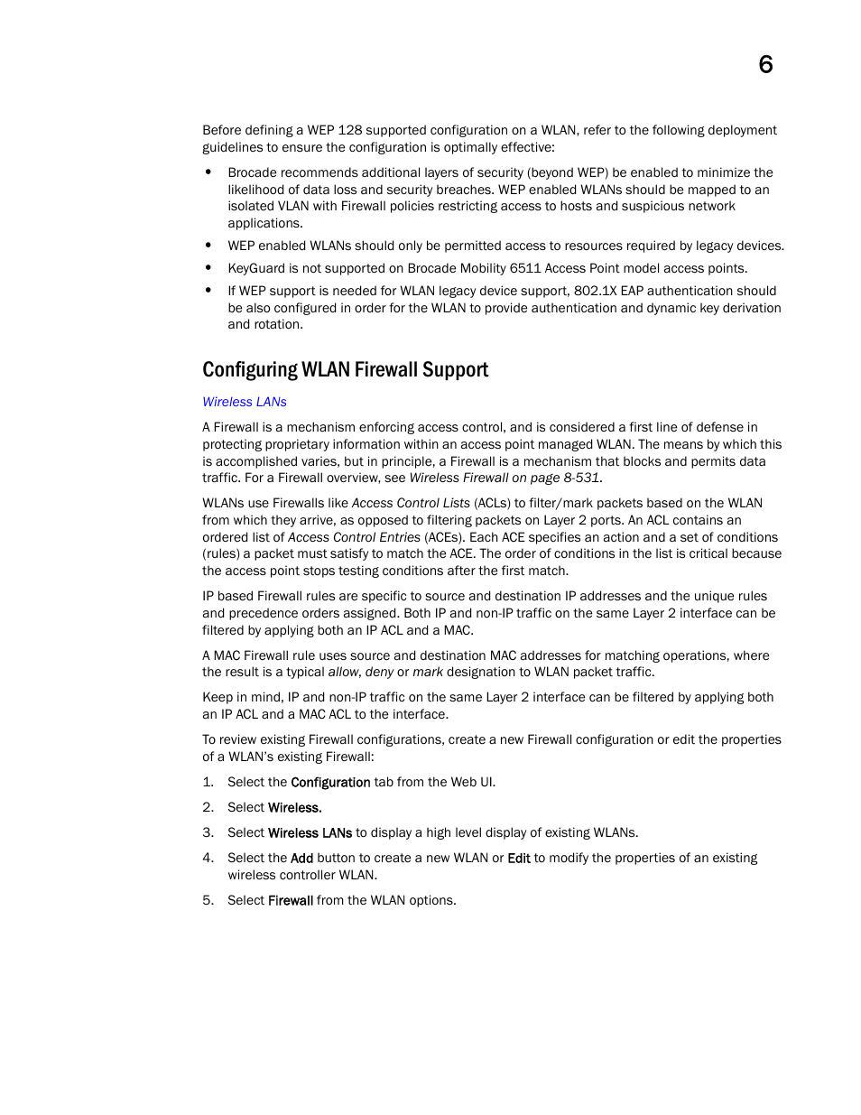 Configuring wlan firewall support | Brocade Mobility Access Point System Reference Guide (Supporting software release 5.5.0.0 and later) User Manual | Page 425 / 854