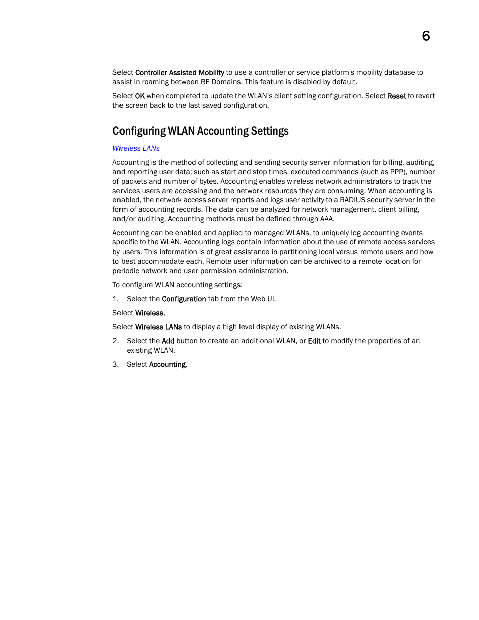 Configuring wlan accounting settings | Brocade Mobility Access Point System Reference Guide (Supporting software release 5.5.0.0 and later) User Manual | Page 435 / 854