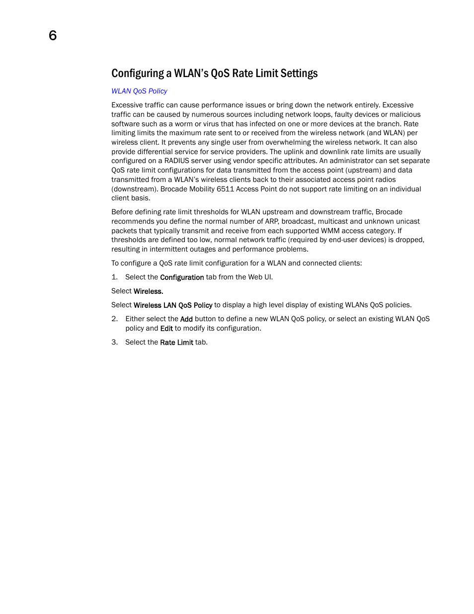 Configuring a wlan’s qos rate limit settings | Brocade Mobility Access Point System Reference Guide (Supporting software release 5.5.0.0 and later) User Manual | Page 454 / 854