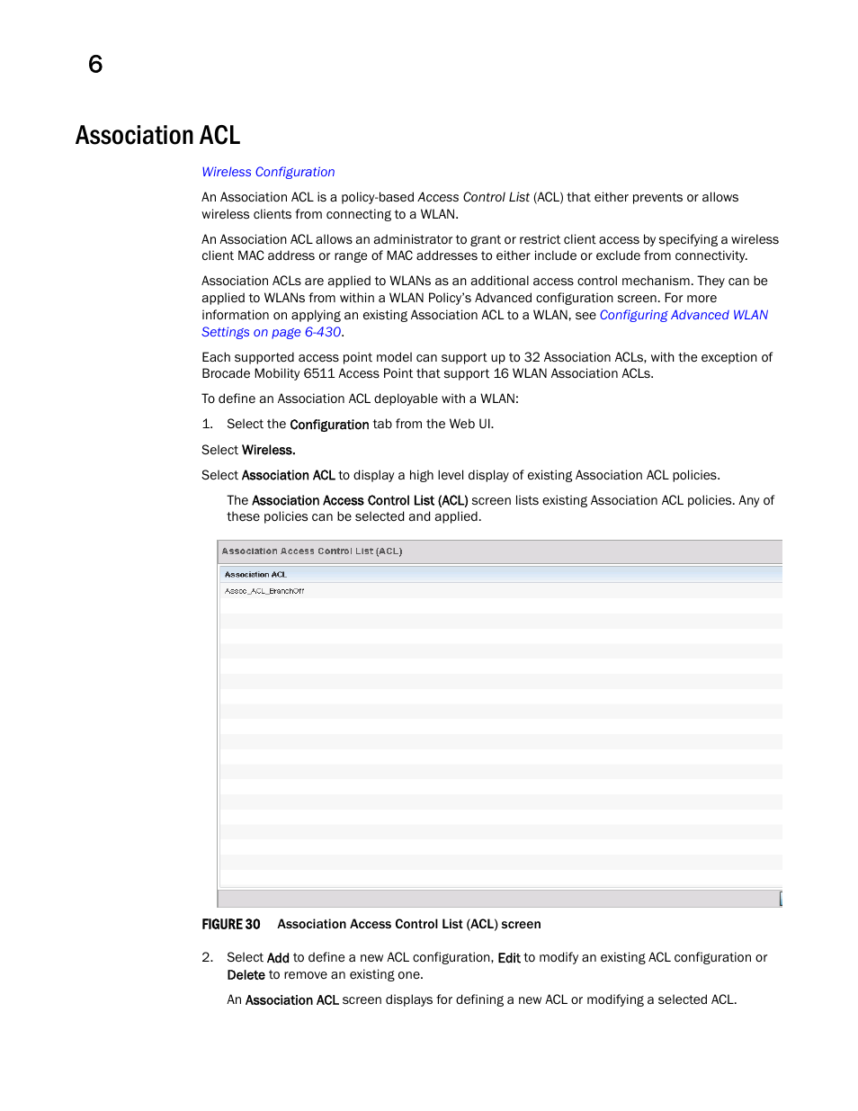 Association acl | Brocade Mobility Access Point System Reference Guide (Supporting software release 5.5.0.0 and later) User Manual | Page 472 / 854