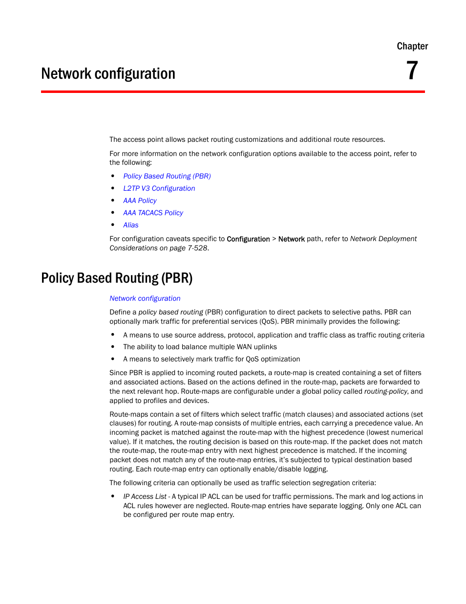 Network configuration, Policy based routing (pbr), Chapter 7 | Brocade Mobility Access Point System Reference Guide (Supporting software release 5.5.0.0 and later) User Manual | Page 501 / 854