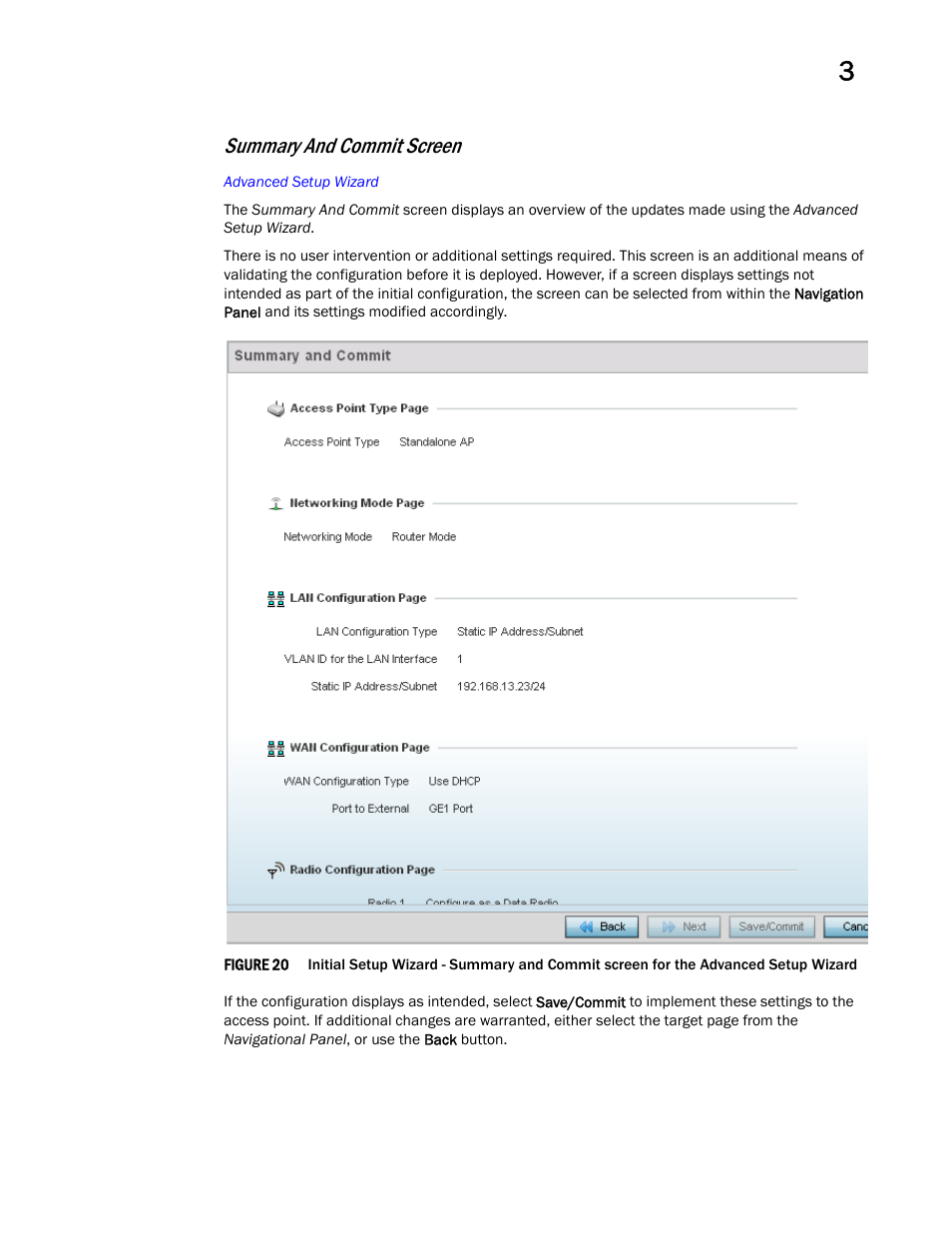 Summary and commit screen | Brocade Mobility Access Point System Reference Guide (Supporting software release 5.5.0.0 and later) User Manual | Page 51 / 854