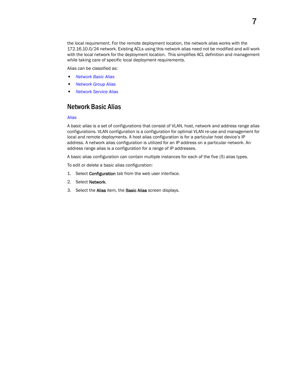 Network basic alias | Brocade Mobility Access Point System Reference Guide (Supporting software release 5.5.0.0 and later) User Manual | Page 531 / 854