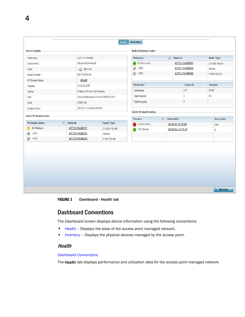 Dashboard conventions, Health | Brocade Mobility Access Point System Reference Guide (Supporting software release 5.5.0.0 and later) User Manual | Page 54 / 854