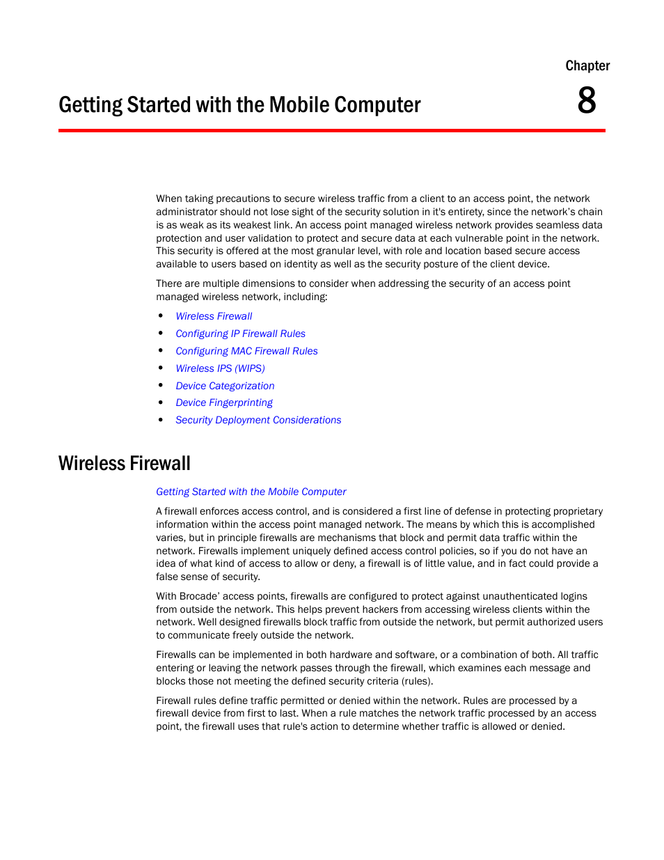 Getting started with the mobile computer, Wireless firewall, Chapter 8 | Rmation, see, Wireless | Brocade Mobility Access Point System Reference Guide (Supporting software release 5.5.0.0 and later) User Manual | Page 541 / 854