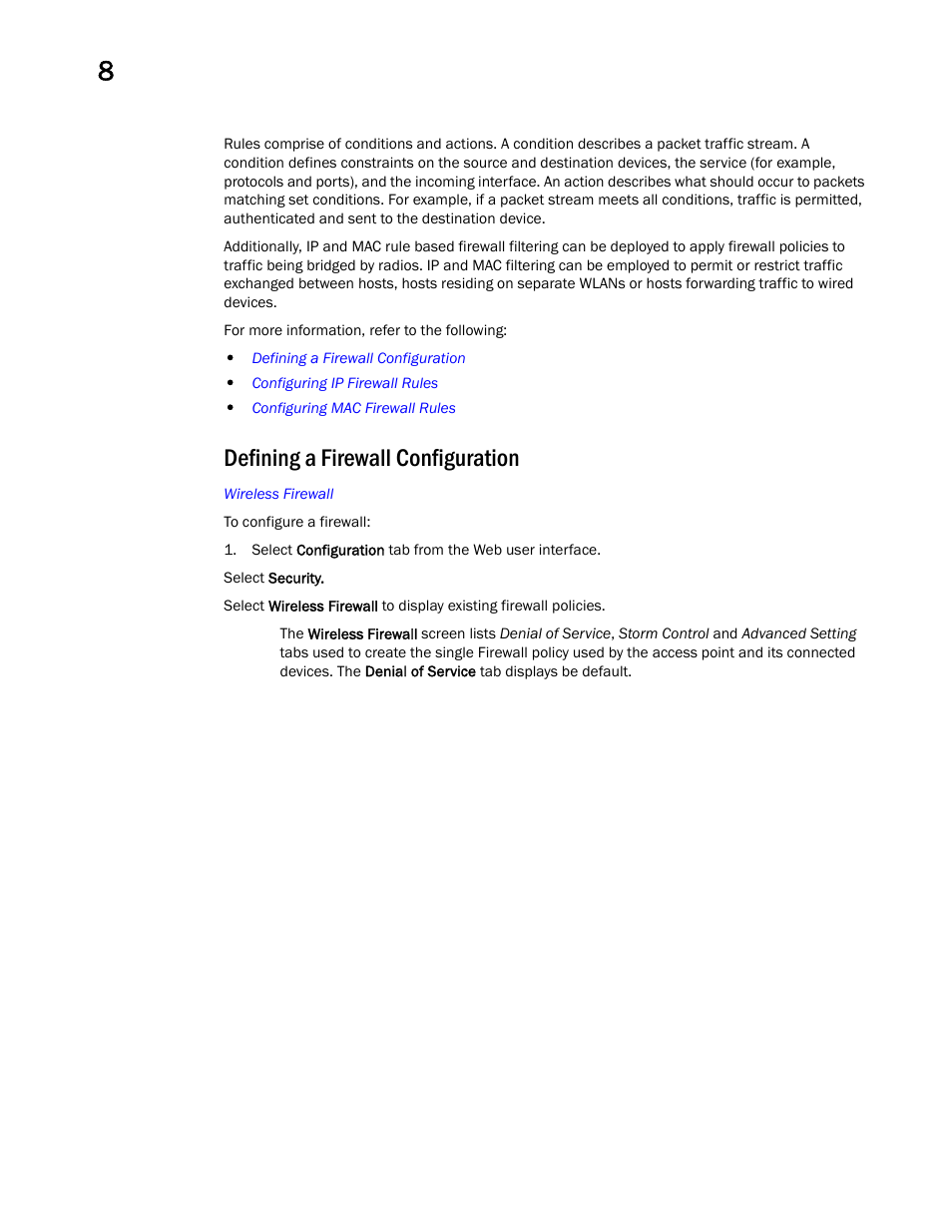 Defining a firewall configuration | Brocade Mobility Access Point System Reference Guide (Supporting software release 5.5.0.0 and later) User Manual | Page 542 / 854