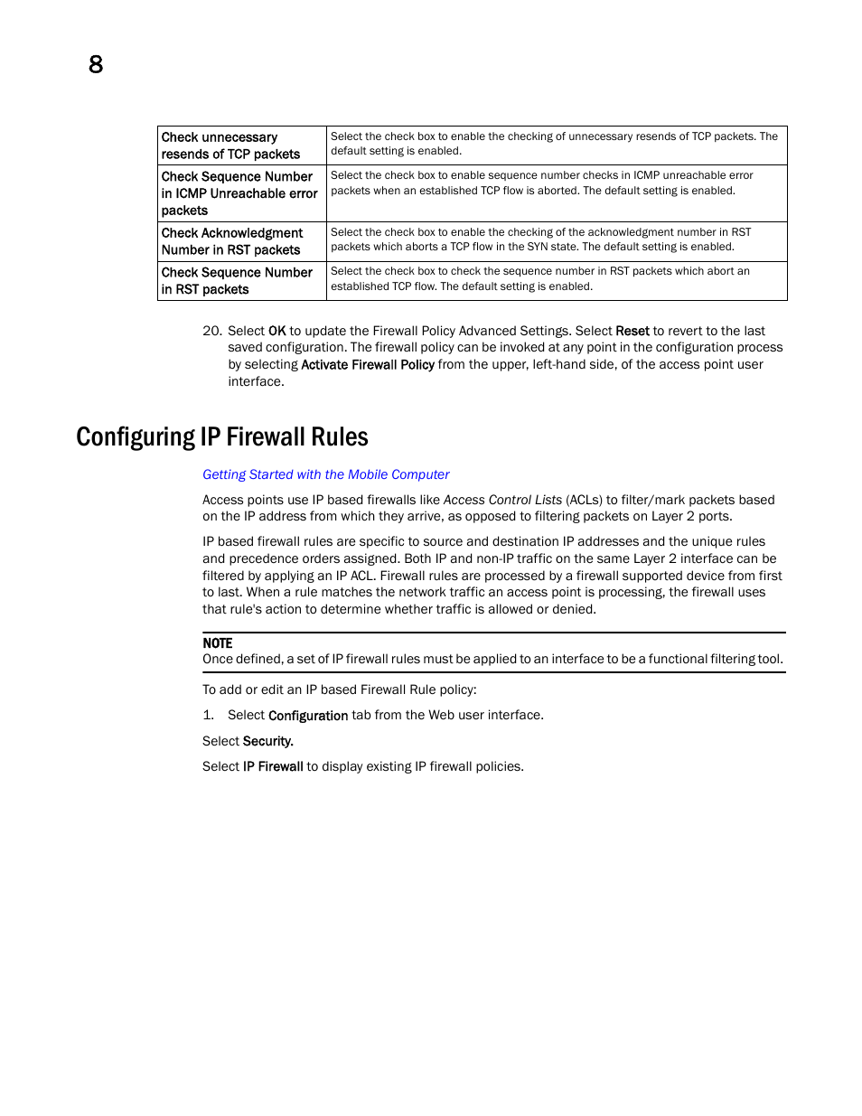 Configuring ip firewall rules | Brocade Mobility Access Point System Reference Guide (Supporting software release 5.5.0.0 and later) User Manual | Page 552 / 854