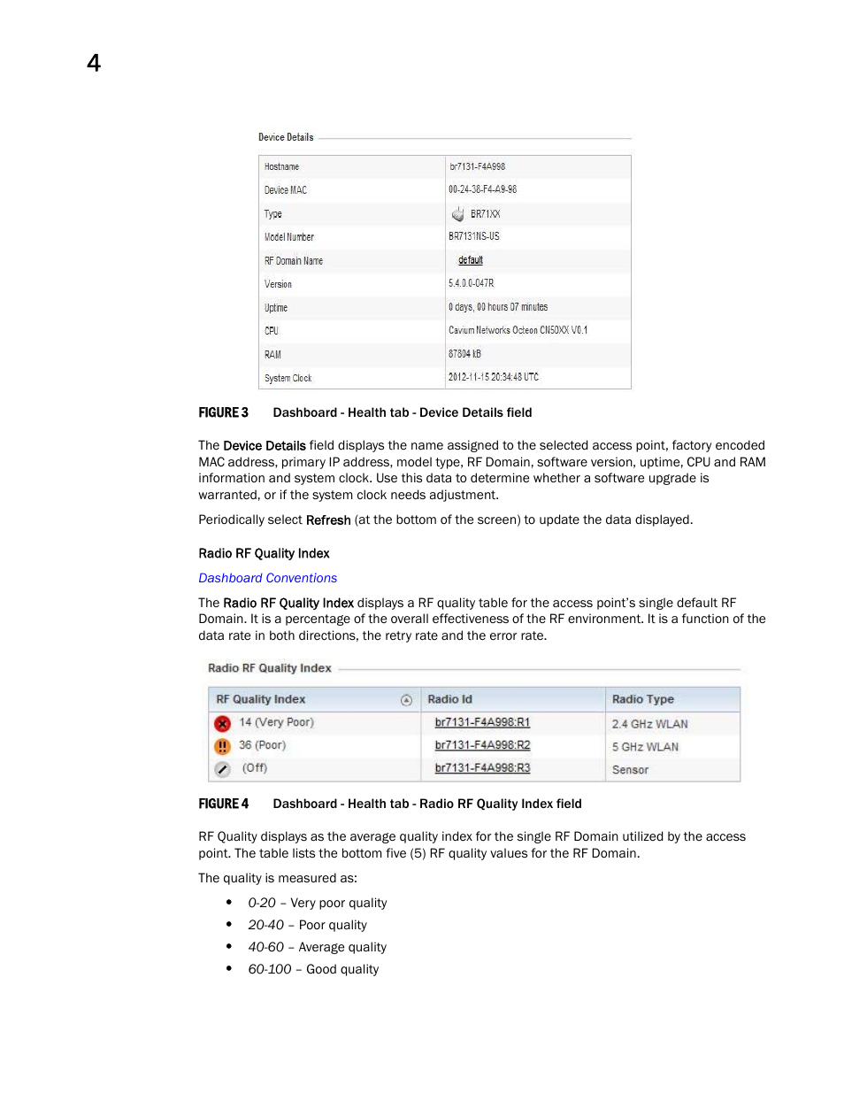 Radio rf quality index | Brocade Mobility Access Point System Reference Guide (Supporting software release 5.5.0.0 and later) User Manual | Page 56 / 854