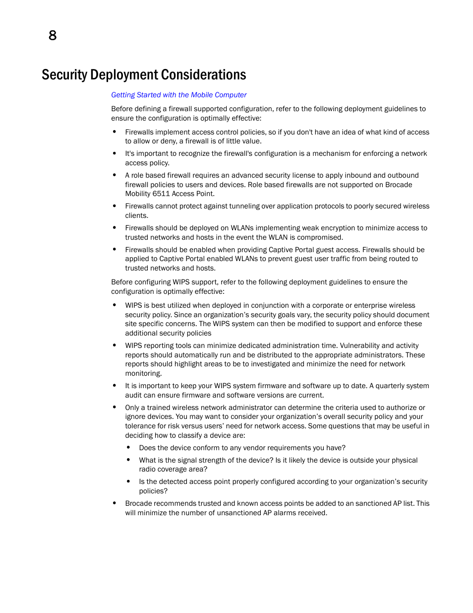 Security deployment considerations | Brocade Mobility Access Point System Reference Guide (Supporting software release 5.5.0.0 and later) User Manual | Page 578 / 854