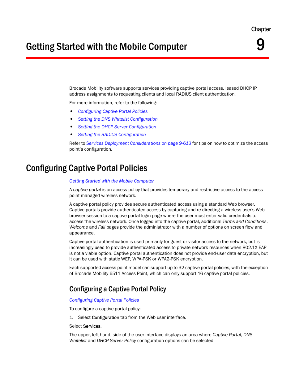 Getting started with the mobile computer, Configuring captive portal policies, Configuring a captive portal policy | Chapter 9 | Brocade Mobility Access Point System Reference Guide (Supporting software release 5.5.0.0 and later) User Manual | Page 579 / 854