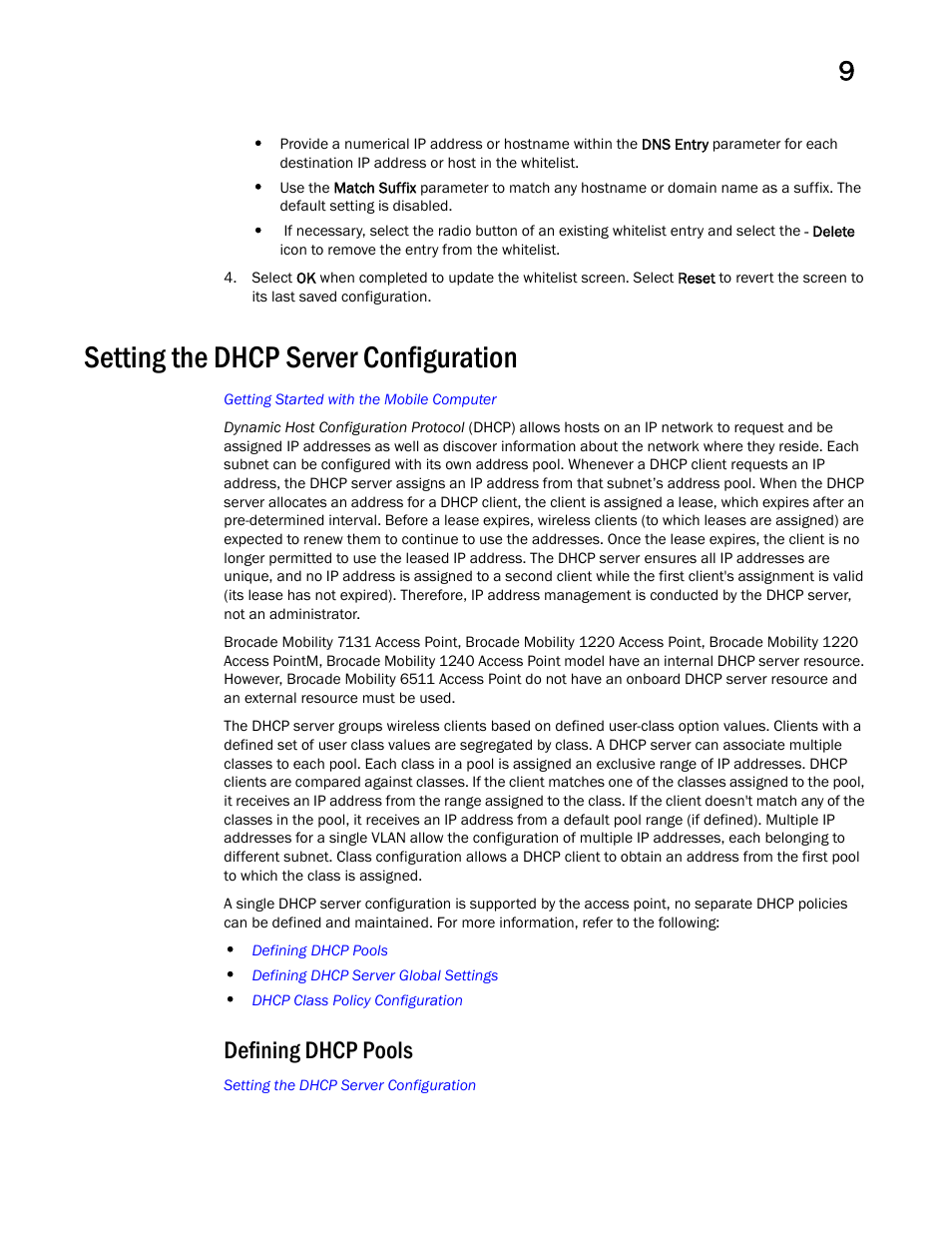 Setting the dhcp server configuration, Defining dhcp pools | Brocade Mobility Access Point System Reference Guide (Supporting software release 5.5.0.0 and later) User Manual | Page 593 / 854