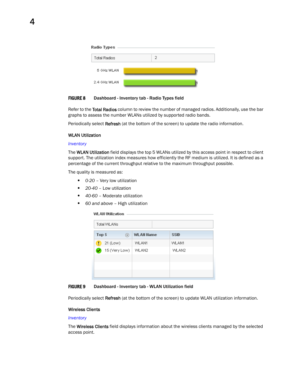 Wlan utilization, Wireless clients | Brocade Mobility Access Point System Reference Guide (Supporting software release 5.5.0.0 and later) User Manual | Page 60 / 854