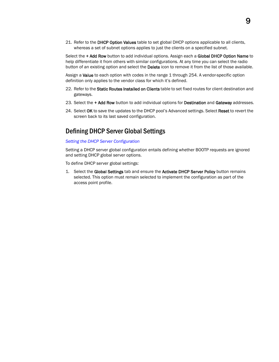 Defining dhcp server global settings | Brocade Mobility Access Point System Reference Guide (Supporting software release 5.5.0.0 and later) User Manual | Page 601 / 854