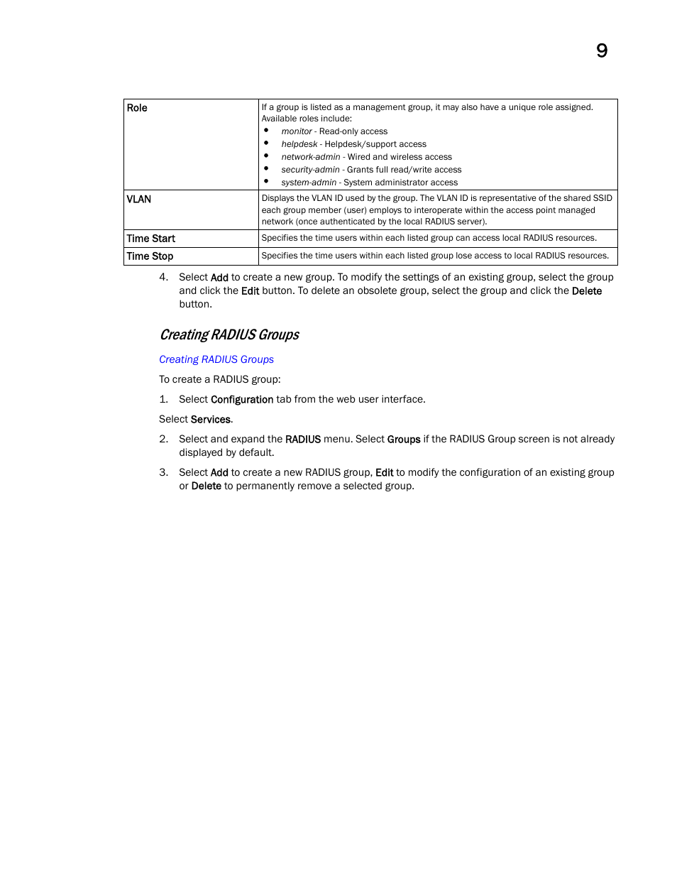 Creating radius groups | Brocade Mobility Access Point System Reference Guide (Supporting software release 5.5.0.0 and later) User Manual | Page 607 / 854