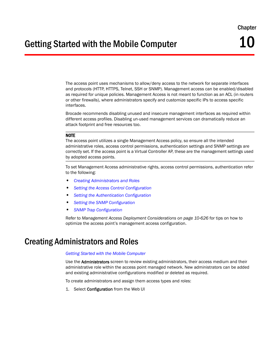 Getting started with the mobile computer, Creating administrators and roles, Chapter 10 | Brocade Mobility Access Point System Reference Guide (Supporting software release 5.5.0.0 and later) User Manual | Page 625 / 854