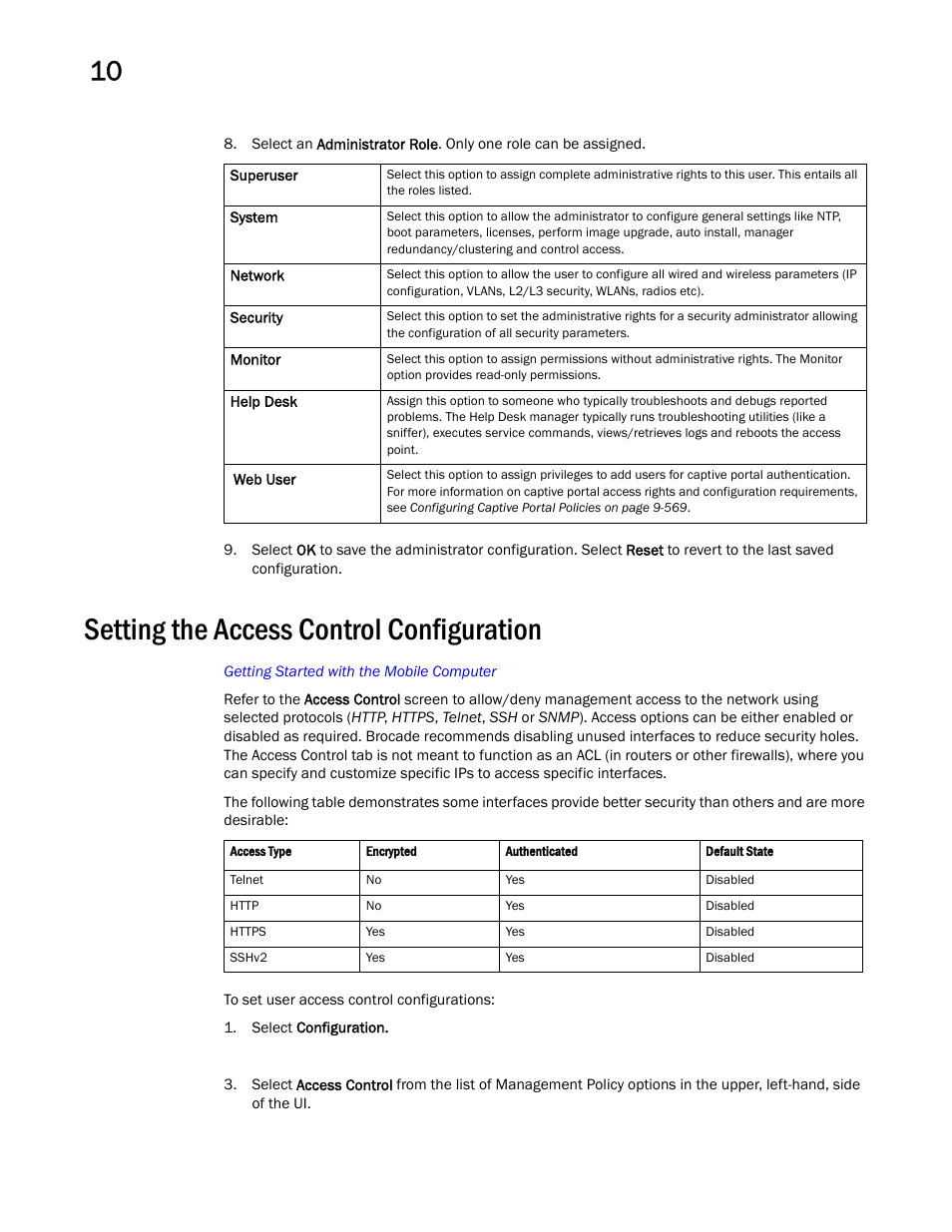 Setting the access control configuration | Brocade Mobility Access Point System Reference Guide (Supporting software release 5.5.0.0 and later) User Manual | Page 628 / 854