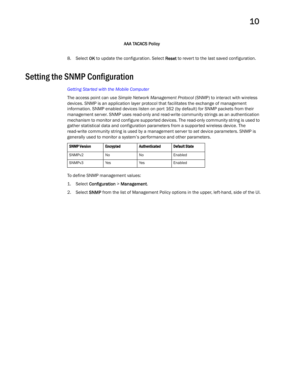 Setting the snmp configuration | Brocade Mobility Access Point System Reference Guide (Supporting software release 5.5.0.0 and later) User Manual | Page 633 / 854