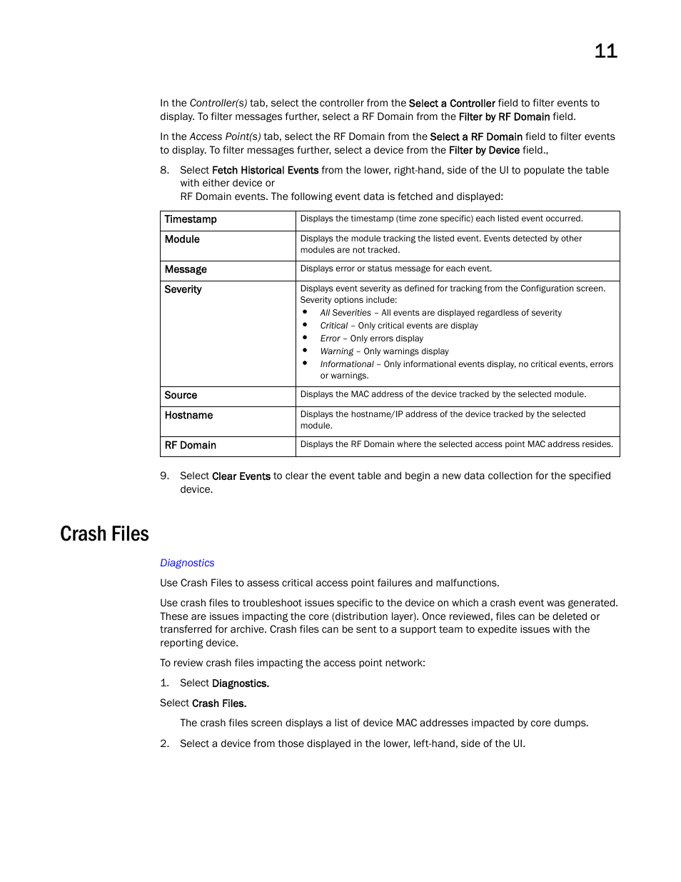 Crash files | Brocade Mobility Access Point System Reference Guide (Supporting software release 5.5.0.0 and later) User Manual | Page 643 / 854