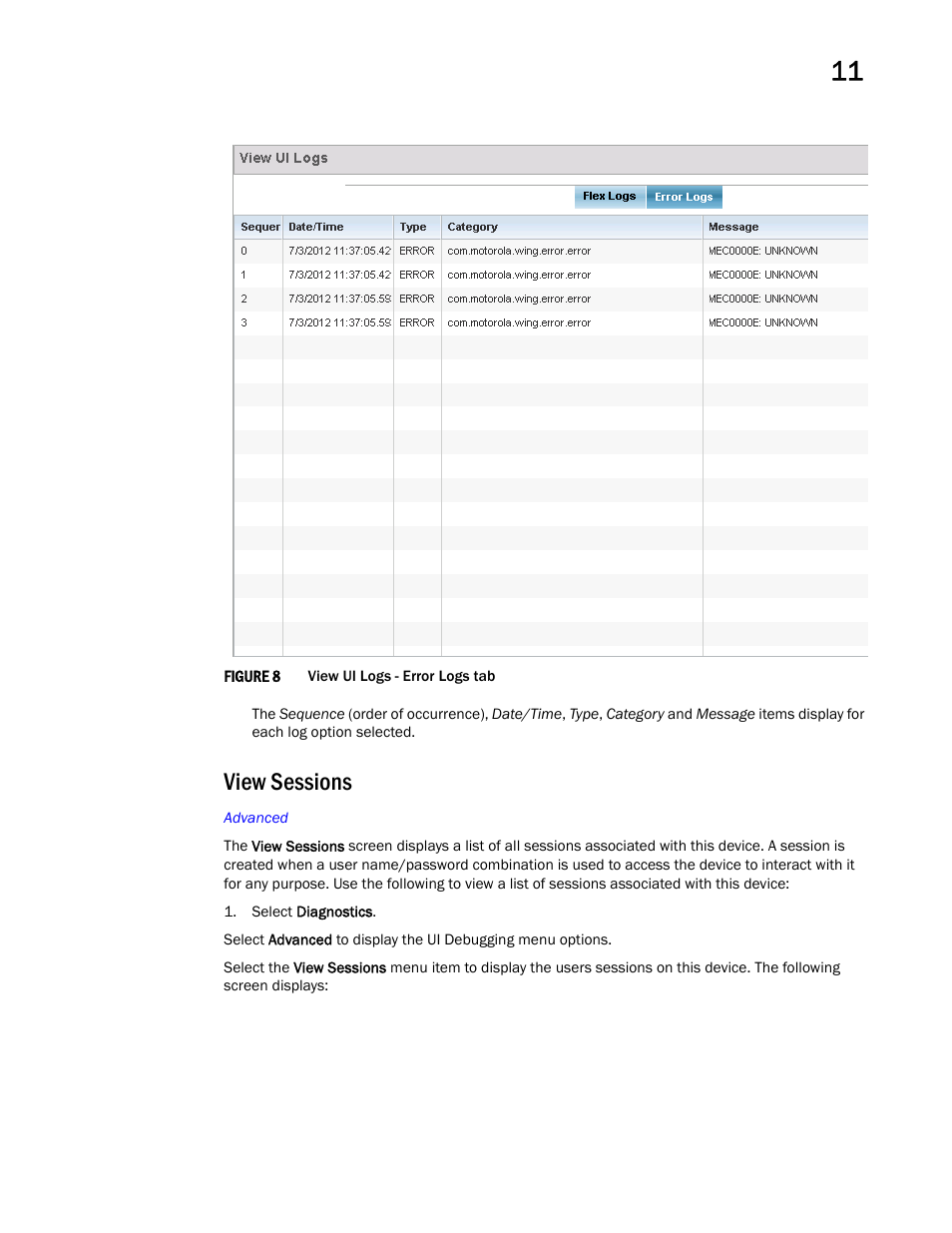 View sessions | Brocade Mobility Access Point System Reference Guide (Supporting software release 5.5.0.0 and later) User Manual | Page 649 / 854