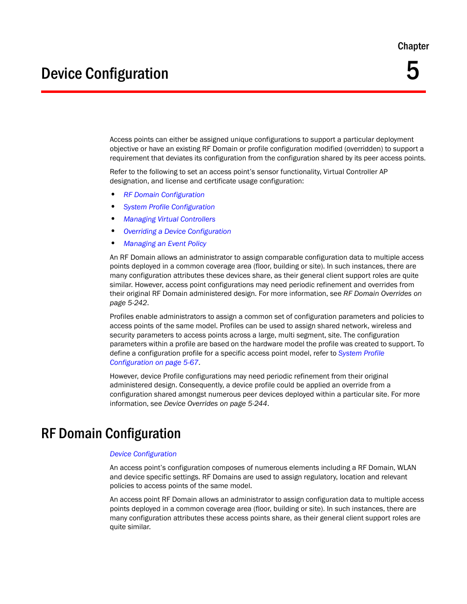 Device configuration, Rf domain configuration, Chapter 5 | Brocade Mobility Access Point System Reference Guide (Supporting software release 5.5.0.0 and later) User Manual | Page 65 / 854