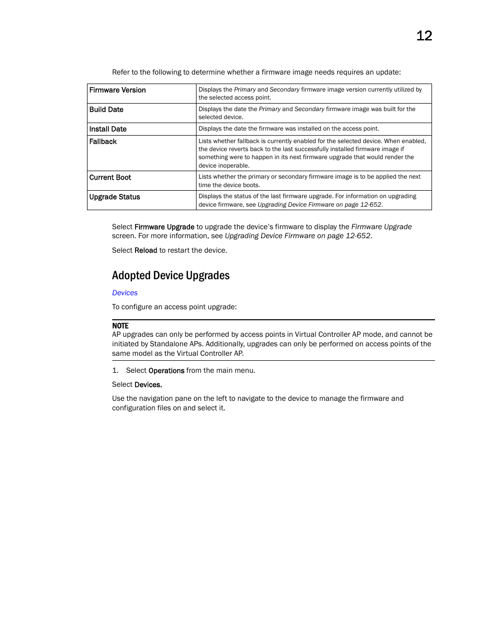 Adopted device upgrades | Brocade Mobility Access Point System Reference Guide (Supporting software release 5.5.0.0 and later) User Manual | Page 665 / 854