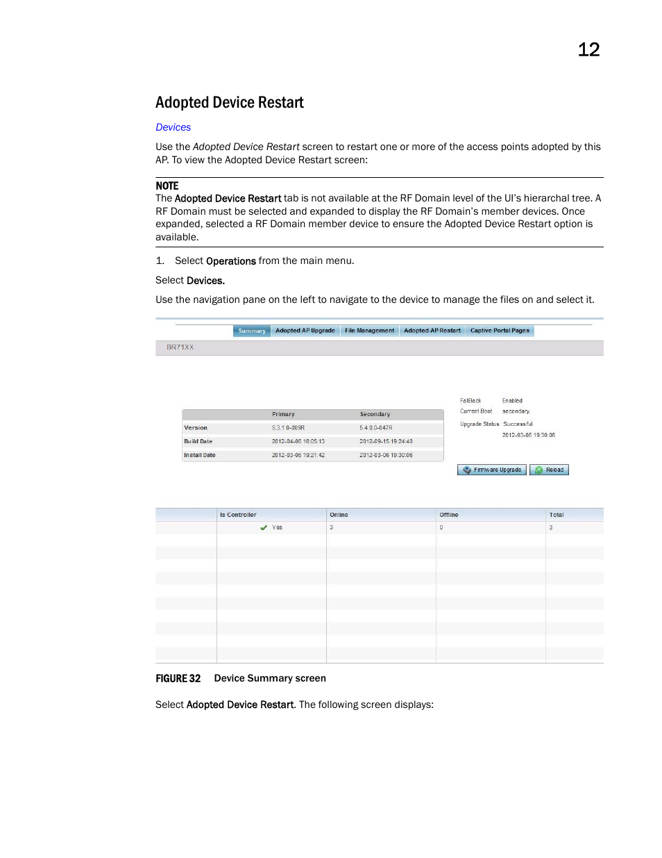 Adopted device restart | Brocade Mobility Access Point System Reference Guide (Supporting software release 5.5.0.0 and later) User Manual | Page 679 / 854