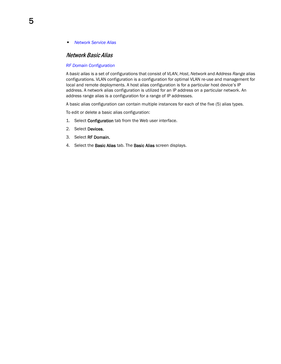 Network basic alias | Brocade Mobility Access Point System Reference Guide (Supporting software release 5.5.0.0 and later) User Manual | Page 70 / 854