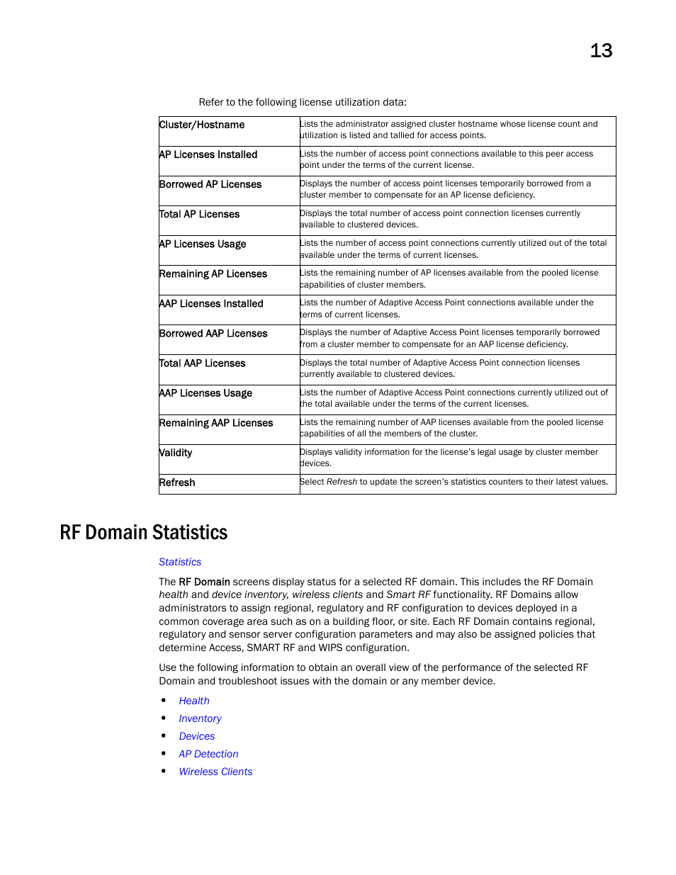 Rf domain statistics | Brocade Mobility Access Point System Reference Guide (Supporting software release 5.5.0.0 and later) User Manual | Page 717 / 854