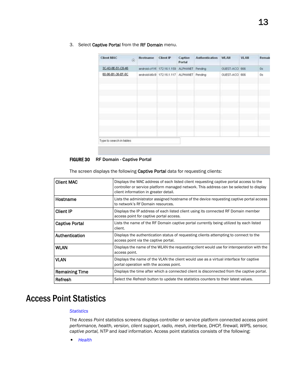 Access point statistics | Brocade Mobility Access Point System Reference Guide (Supporting software release 5.5.0.0 and later) User Manual | Page 759 / 854