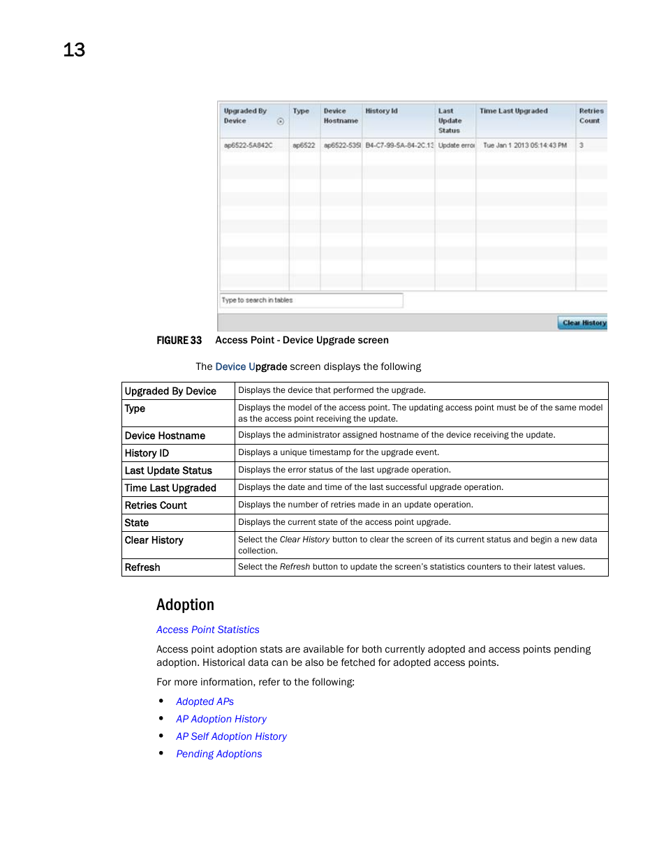 Adoption | Brocade Mobility Access Point System Reference Guide (Supporting software release 5.5.0.0 and later) User Manual | Page 766 / 854